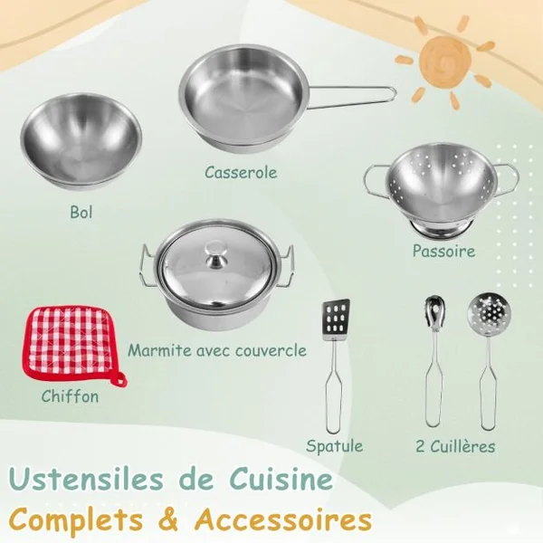 Cuisine Enfants Extérieure 8 Accessoires avec Tableau Noir & Jardinière en Bois de Sapin Robinet Rotatif & Evier Amovible