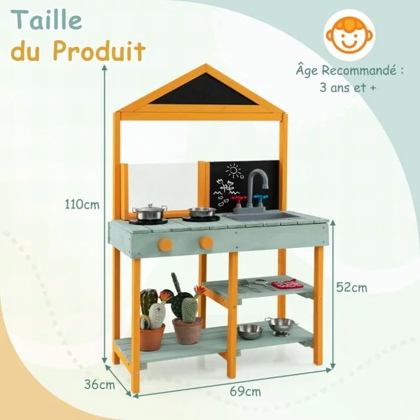 Cuisine Enfants Extérieure 8 Accessoires avec Tableau Noir & Jardinière en Bois de Sapin Robinet Rotatif & Evier Amovible