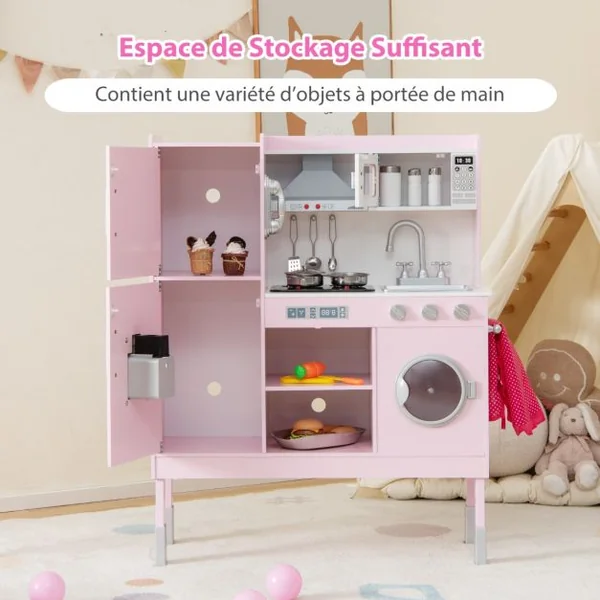Cuisine Enfants Rose avec 16 Accessoires & 3 Hauteur Réglable Jeu de Cuisine avec Sons et Lumières Jouet d'Imitation pour Enfants de 3 Ans+