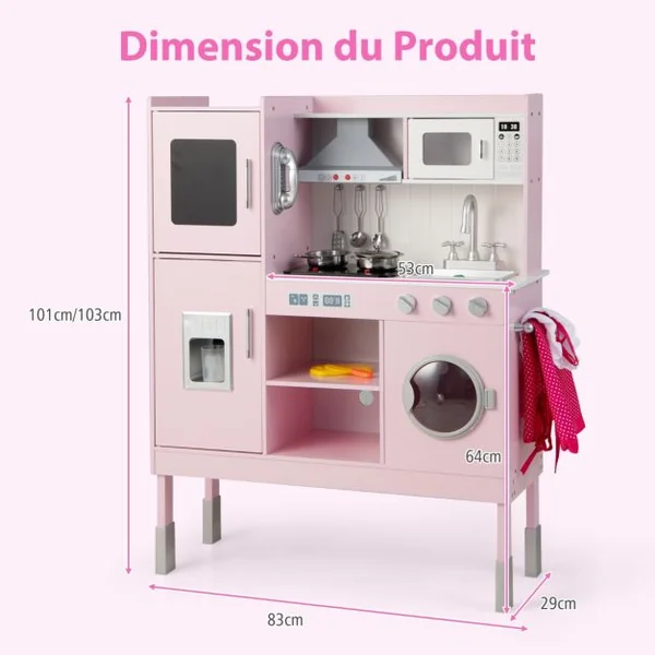 Cuisine Enfants Rose avec 16 Accessoires & 3 Hauteur Réglable Jeu de Cuisine avec Sons et Lumières Jouet d'Imitation pour Enfants de 3 Ans+