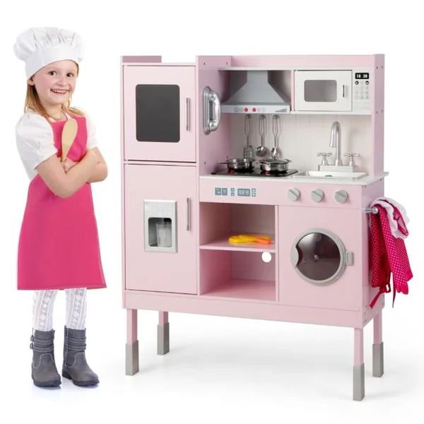 Cuisine Enfants Rose avec 16 Accessoires & 3 Hauteur Réglable Jeu de Cuisine avec Sons et Lumières Jouet d'Imitation pour Enfants de 3 Ans+