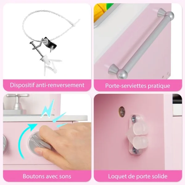 Cuisine Enfants Rose avec 16 Accessoires & 3 Hauteur Réglable Jeu de Cuisine avec Sons et Lumières Jouet d'Imitation pour Enfants de 3 Ans+