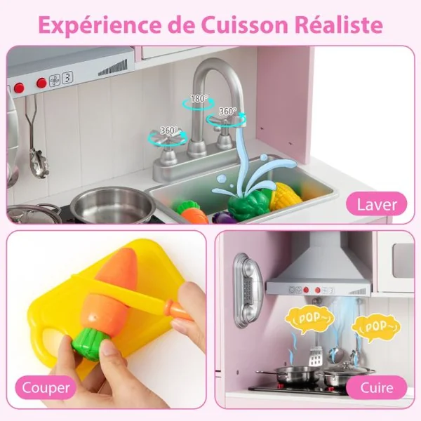 Cuisine Enfants Rose avec 16 Accessoires & 3 Hauteur Réglable Jeu de Cuisine avec Sons et Lumières Jouet d'Imitation pour Enfants de 3 Ans+