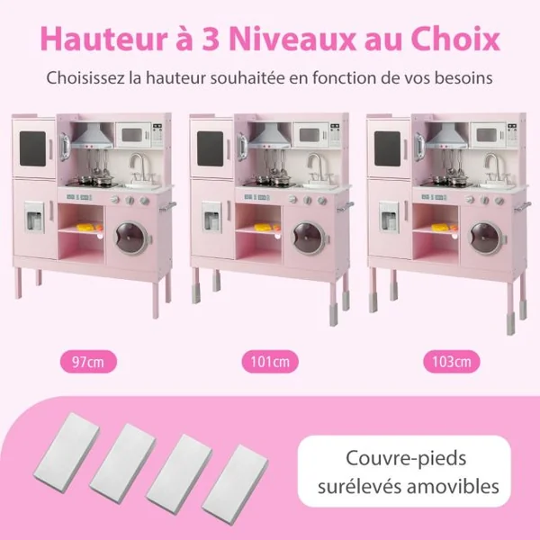 Cuisine Enfants Rose avec 16 Accessoires & 3 Hauteur Réglable Jeu de Cuisine avec Sons et Lumières Jouet d'Imitation pour Enfants de 3 Ans+