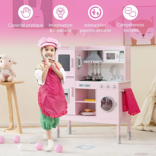 Cuisine Enfants Rose avec 16 Accessoires & 3 Hauteur Réglable Jeu de Cuisine avec Sons et Lumières Jouet d'Imitation pour Enfants de 3 Ans+