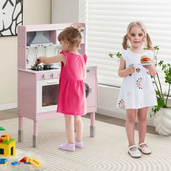 Cuisine Enfants Rose avec Accessoires & 3 Hauteur Réglable Jeu de Cuisine avec Sons et Lumières Jouet d'Imitation pour Enfants de 3 Ans+