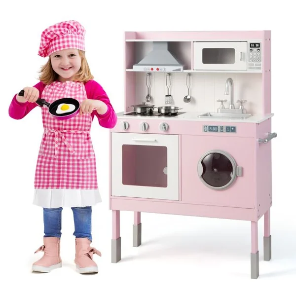 Cuisine Enfants Rose avec Accessoires & 3 Hauteur Réglable Jeu de Cuisine avec Sons et Lumières Jouet d'Imitation pour Enfants de 3 Ans+
