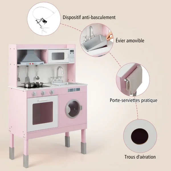 Cuisine Enfants Rose avec Accessoires & 3 Hauteur Réglable Jeu de Cuisine avec Sons et Lumières Jouet d'Imitation pour Enfants de 3 Ans+