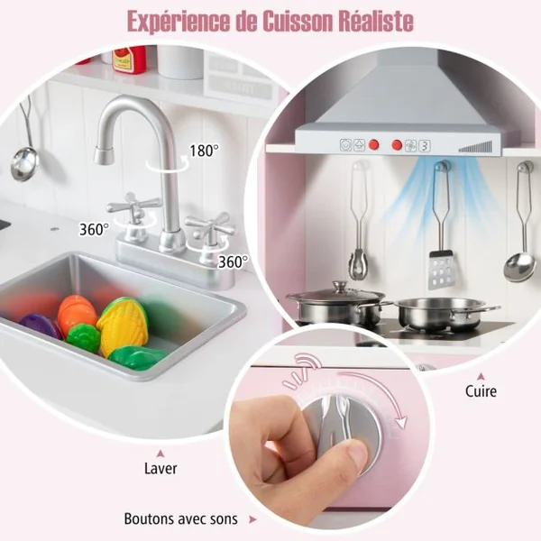 Cuisine Enfants Rose avec Accessoires & 3 Hauteur Réglable Jeu de Cuisine avec Sons et Lumières Jouet d'Imitation pour Enfants de 3 Ans+