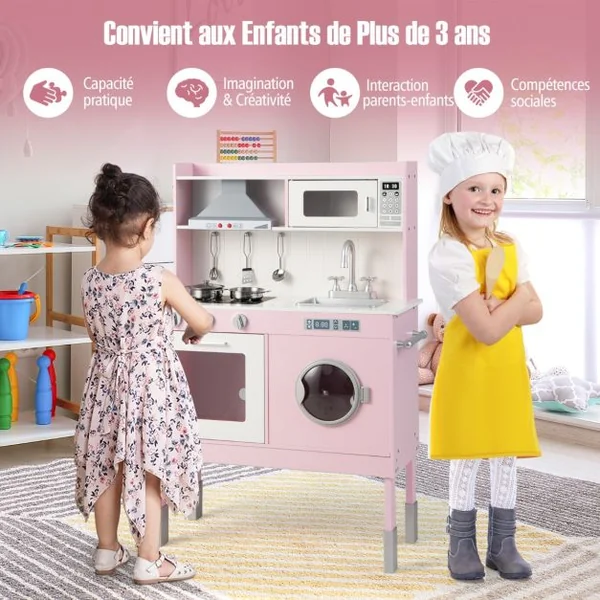 Cuisine Enfants Rose avec Accessoires & 3 Hauteur Réglable Jeu de Cuisine avec Sons et Lumières Jouet d'Imitation pour Enfants de 3 Ans+