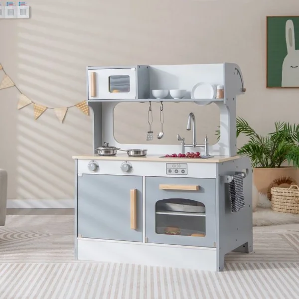 Cuisine Enfants à 2 Face en Bois 71 X 53 X 91 CM 8 Accessoires pour Tout-Petits de 3 Ans+ Bleu/Gris
