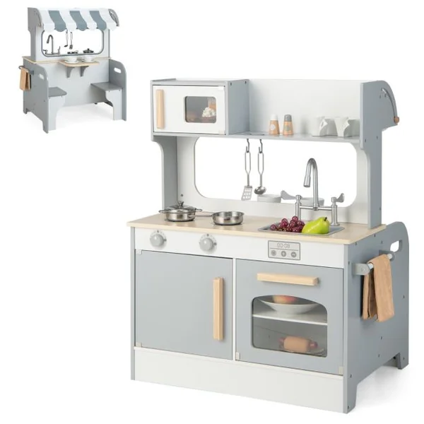 Cuisine Enfants à 2 Face en Bois 71 X 53 X 91 CM 8 Accessoires pour Tout-Petits de 3 Ans+ Bleu/Gris