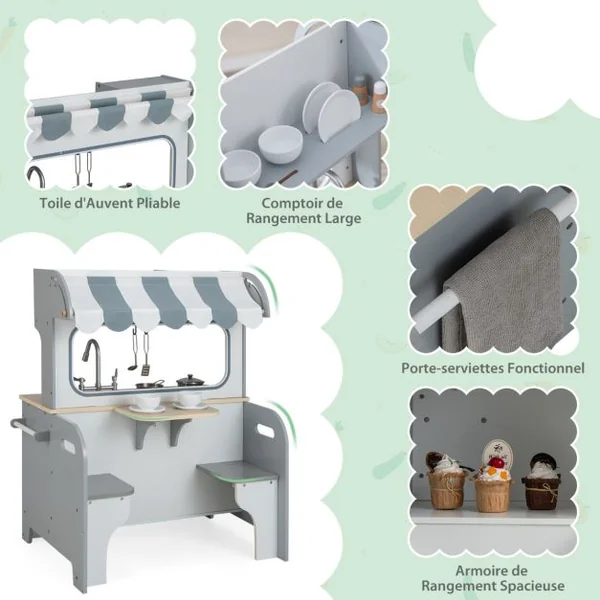 Cuisine Enfants à 2 Face en Bois 71 X 53 X 91 CM 8 Accessoires pour Tout-Petits de 3 Ans+ Bleu/Gris