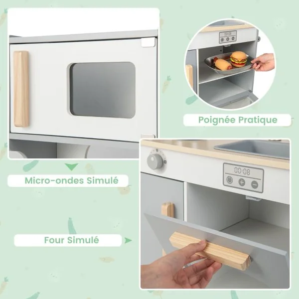 Cuisine Enfants à 2 Face en Bois 71 X 53 X 91 CM 8 Accessoires pour Tout-Petits de 3 Ans+ Bleu/Gris