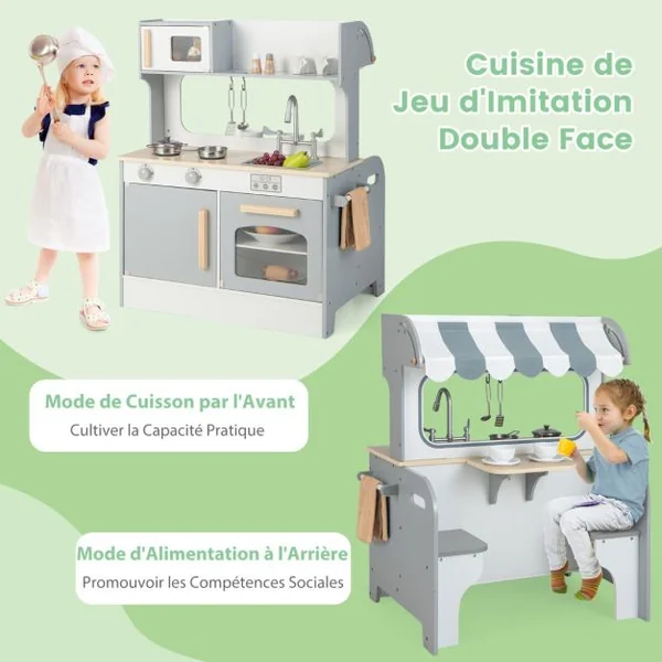 Cuisine Enfants à 2 Face en Bois 71 X 53 X 91 CM 8 Accessoires pour Tout-Petits de 3 Ans+ Bleu/Gris