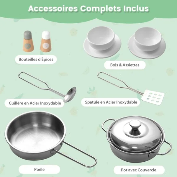 Cuisine Enfants à 2 Face en Bois 71 X 53 X 91 CM 8 Accessoires pour Tout-Petits de 3 Ans+ Bleu/Gris