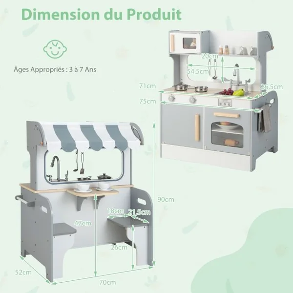 Cuisine Enfants à 2 Face en Bois 71 X 53 X 91 CM 8 Accessoires pour Tout-Petits de 3 Ans+ Bleu/Gris