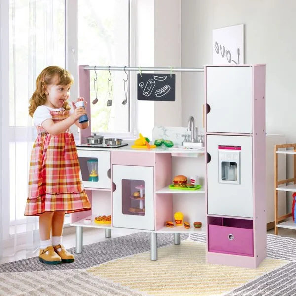 Cuisine et Épicerie pour Enfants 2 en 1 Cuisine de Jeu Double Face avec Lumière et son Réalistes Machine à Glaçons Tableau Noir 82 Accessoires Inclus Rose
