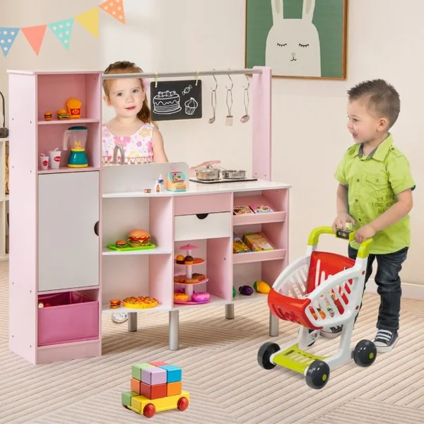Cuisine et Épicerie pour Enfants 2 en 1 Cuisine de Jeu Double Face avec Lumière et son Réalistes Machine à Glaçons Tableau Noir 82 Accessoires Inclus Rose