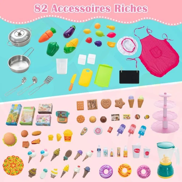 Cuisine et Épicerie pour Enfants 2 en 1 Cuisine de Jeu Double Face avec Lumière et son Réalistes Machine à Glaçons Tableau Noir 82 Accessoires Inclus Rose