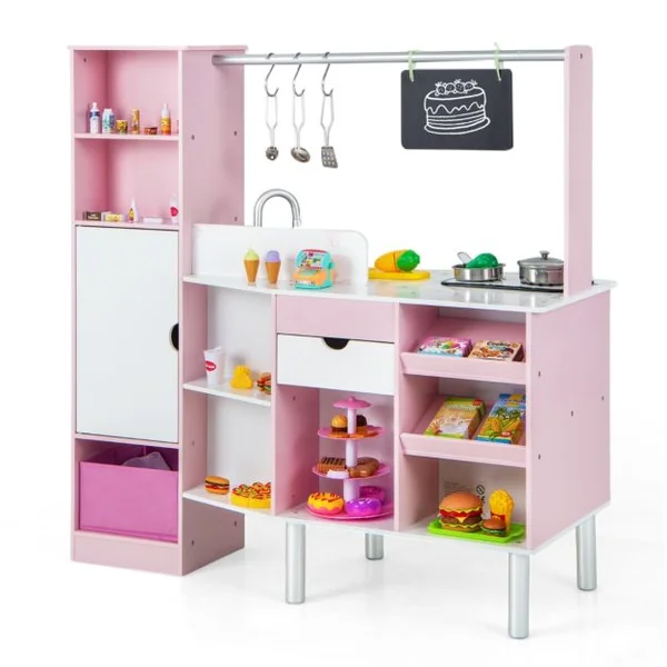 Cuisine et Épicerie pour Enfants 2 en 1 Cuisine de Jeu Double Face avec Lumière et son Réalistes Machine à Glaçons Tableau Noir 82 Accessoires Inclus Rose