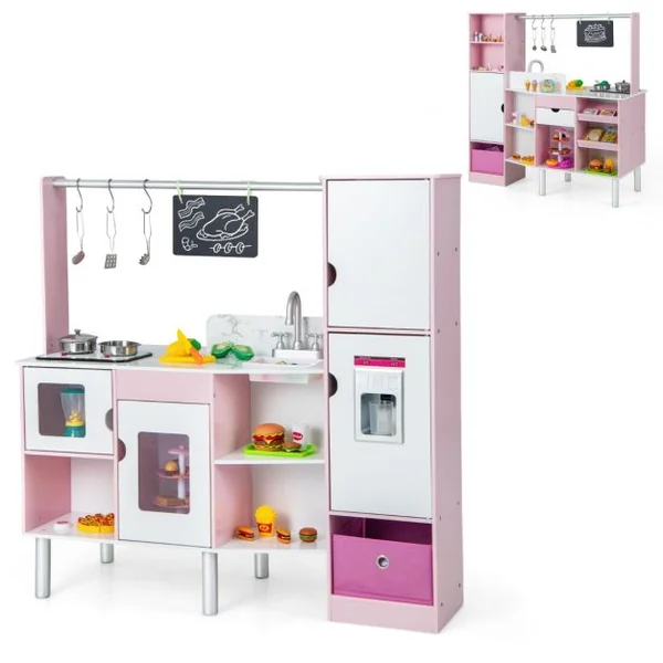 Cuisine et Épicerie pour Enfants 2 en 1 Cuisine de Jeu Double Face avec Lumière et son Réalistes Machine à Glaçons Tableau Noir 82 Accessoires Inclus Rose