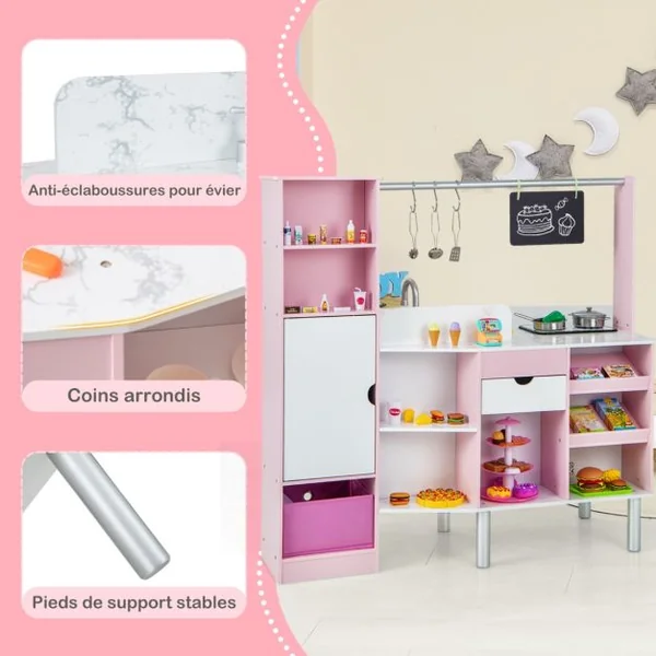 Cuisine et Épicerie pour Enfants 2 en 1 Cuisine de Jeu Double Face avec Lumière et son Réalistes Machine à Glaçons Tableau Noir 82 Accessoires Inclus Rose