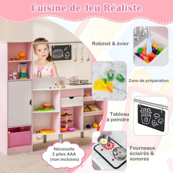 Cuisine et Épicerie pour Enfants 2 en 1 Cuisine de Jeu Double Face avec Lumière et son Réalistes Machine à Glaçons Tableau Noir 82 Accessoires Inclus Rose