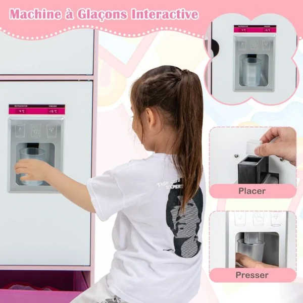 Cuisine et Épicerie pour Enfants 2 en 1 Cuisine de Jeu Double Face avec Lumière et son Réalistes Machine à Glaçons Tableau Noir 82 Accessoires Inclus Rose