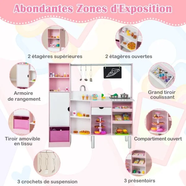 Cuisine et Épicerie pour Enfants 2 en 1 Cuisine de Jeu Double Face avec Lumière et son Réalistes Machine à Glaçons Tableau Noir 82 Accessoires Inclus Rose