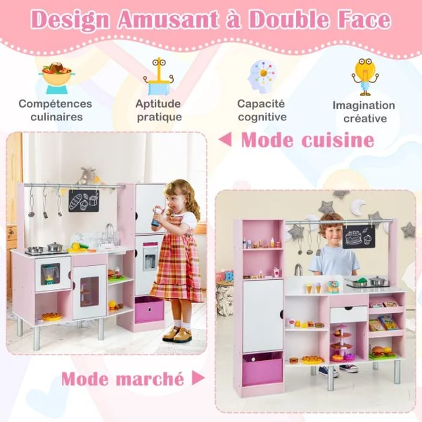 Cuisine et Épicerie pour Enfants 2 en 1 Cuisine de Jeu Double Face avec Lumière et son Réalistes Machine à Glaçons Tableau Noir 82 Accessoires Inclus Rose