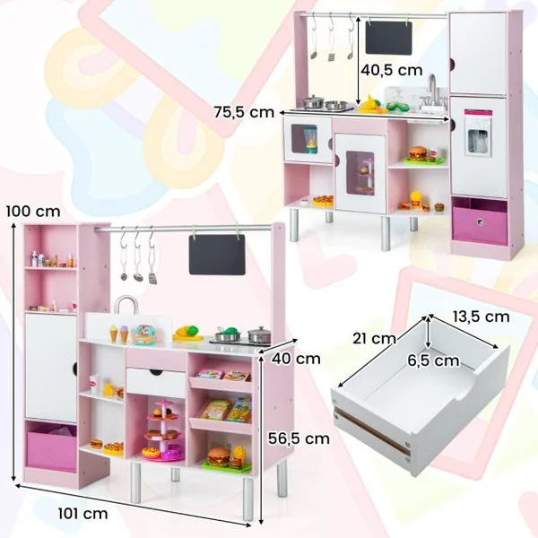 Cuisine et Épicerie pour Enfants 2 en 1 Cuisine de Jeu Double Face avec Lumière et son Réalistes Machine à Glaçons Tableau Noir 82 Accessoires Inclus Rose