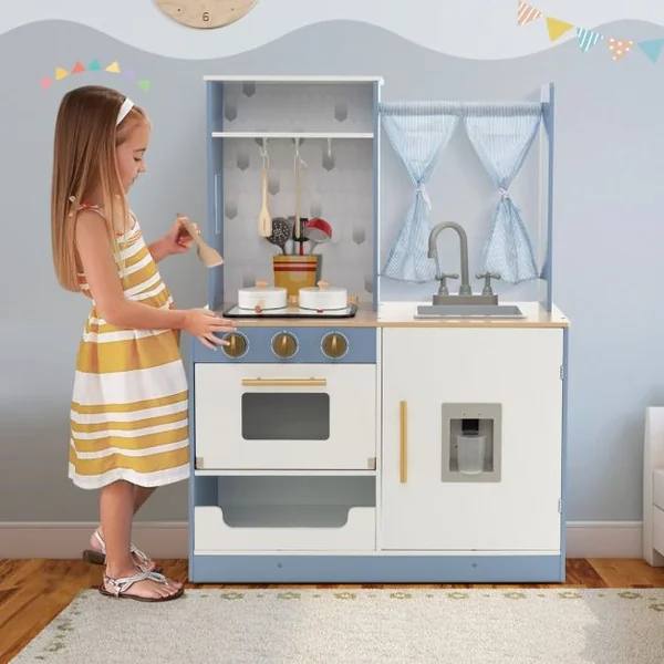Cuisine Ludique en Bois pour Enfants Rideaux Cuisinière Évier Four Distributeur d'Eau Cuisine Jouet pour Garçons et Filles de 3 Ans et Plus Bleu
