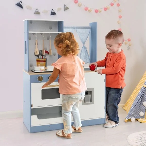 Cuisine Ludique en Bois pour Enfants Rideaux Cuisinière Évier Four Distributeur d'Eau Cuisine Jouet pour Garçons et Filles de 3 Ans et Plus Bleu
