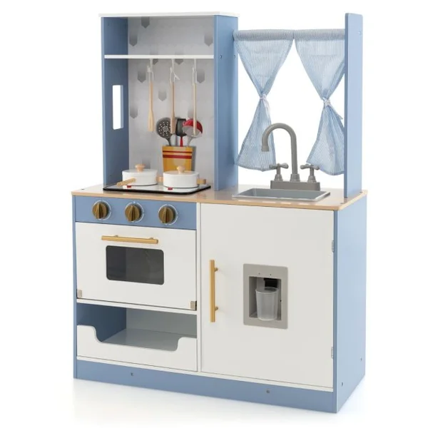 Cuisine Ludique en Bois pour Enfants Rideaux Cuisinière Évier Four Distributeur d'Eau Cuisine Jouet pour Garçons et Filles de 3 Ans et Plus Bleu