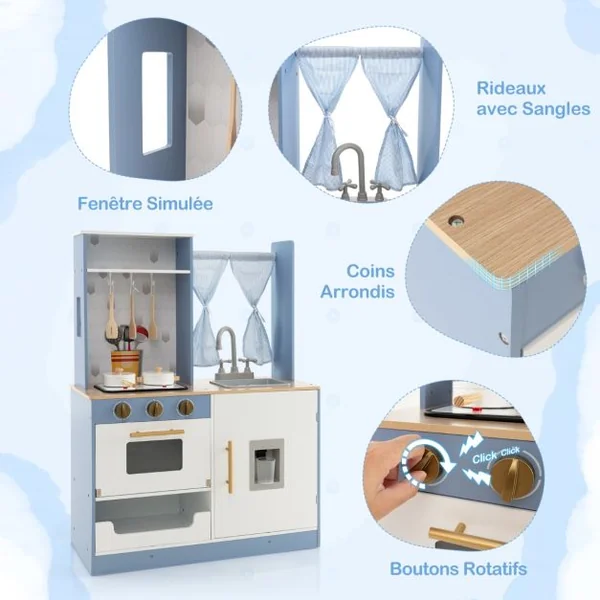 Cuisine Ludique en Bois pour Enfants Rideaux Cuisinière Évier Four Distributeur d'Eau Cuisine Jouet pour Garçons et Filles de 3 Ans et Plus Bleu