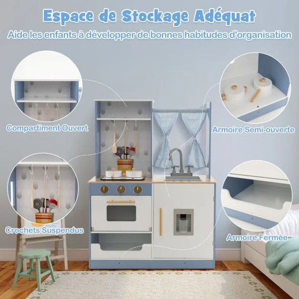 Cuisine Ludique en Bois pour Enfants Rideaux Cuisinière Évier Four Distributeur d'Eau Cuisine Jouet pour Garçons et Filles de 3 Ans et Plus Bleu