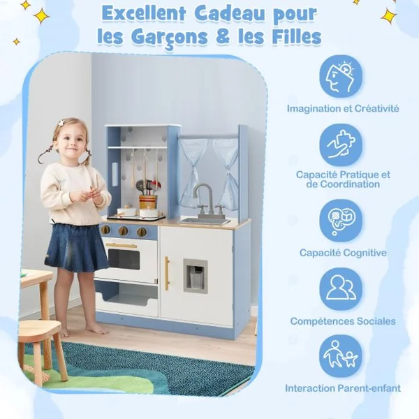 Cuisine Ludique en Bois pour Enfants Rideaux Cuisinière Évier Four Distributeur d'Eau Cuisine Jouet pour Garçons et Filles de 3 Ans et Plus Bleu