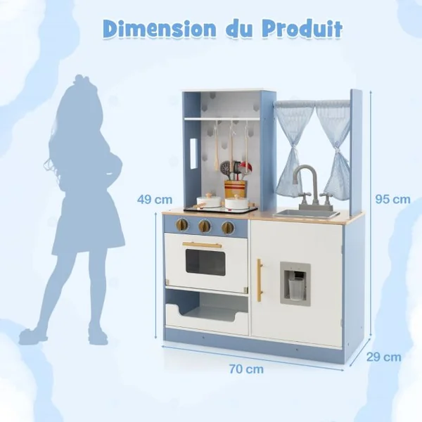 Cuisine Ludique en Bois pour Enfants Rideaux Cuisinière Évier Four Distributeur d'Eau Cuisine Jouet pour Garçons et Filles de 3 Ans et Plus Bleu