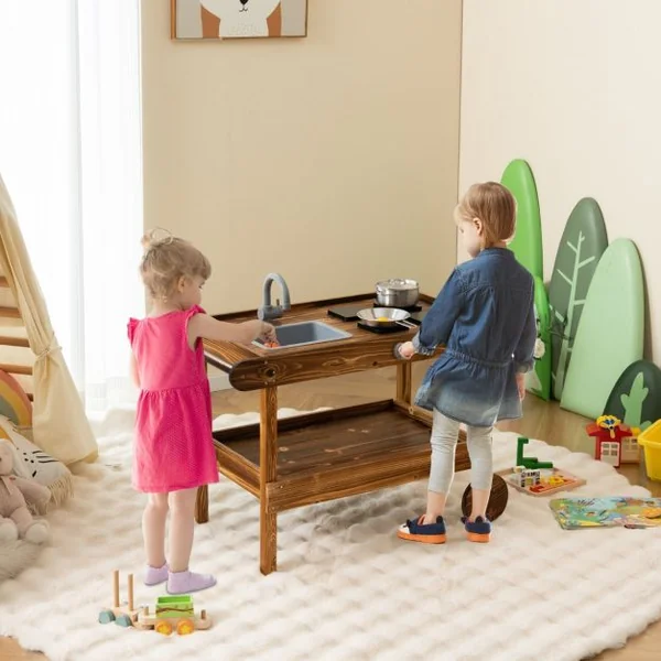 Cuisine Mobile en Bois de Sapin 2 Roues et 1 Poignée de Poussée Robinet Rotatif et Evier Amovible Cuisinière pour + 3 Ans Naturel