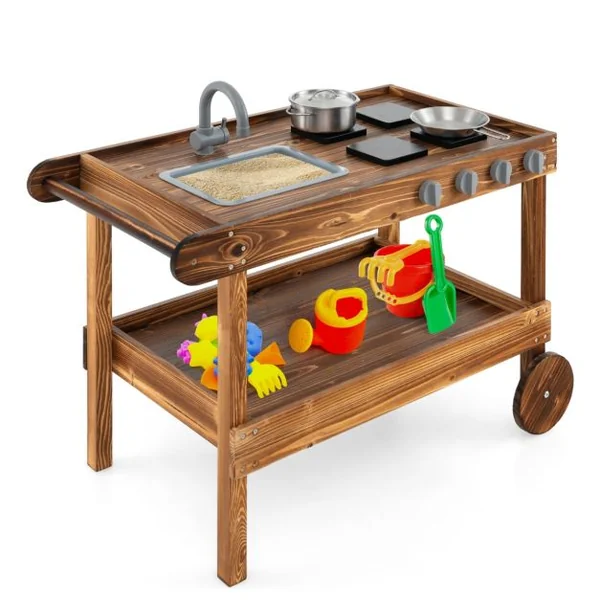Cuisine Mobile en Bois de Sapin 2 Roues et 1 Poignée de Poussée Robinet Rotatif et Evier Amovible Cuisinière pour + 3 Ans Naturel