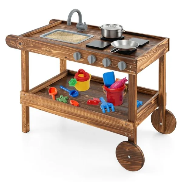 Cuisine Mobile en Bois de Sapin 2 Roues et 1 Poignée de Poussée Robinet Rotatif et Evier Amovible Cuisinière pour + 3 Ans Naturel