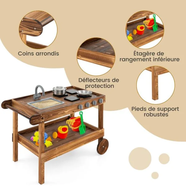 Cuisine Mobile en Bois de Sapin 2 Roues et 1 Poignée de Poussée Robinet Rotatif et Evier Amovible Cuisinière pour + 3 Ans Naturel