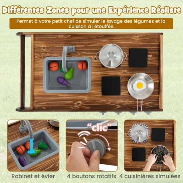 Cuisine Mobile en Bois de Sapin 2 Roues et 1 Poignée de Poussée Robinet Rotatif et Evier Amovible Cuisinière pour + 3 Ans Naturel