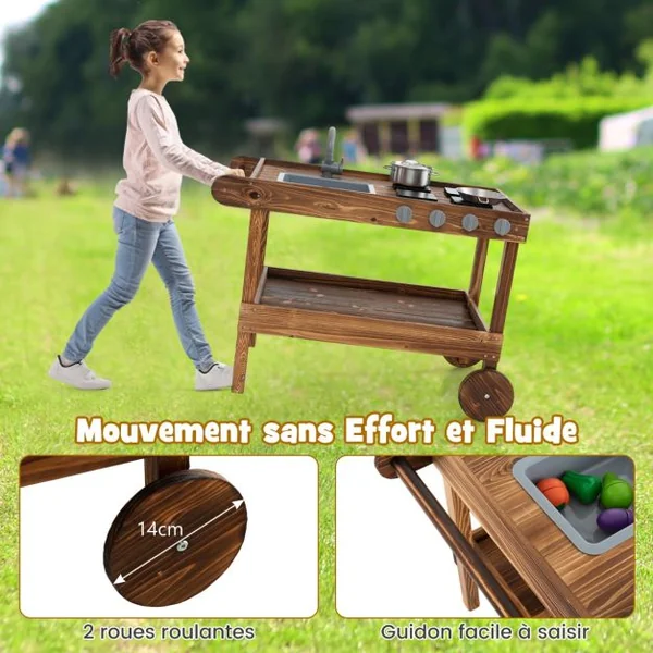 Cuisine Mobile en Bois de Sapin 2 Roues et 1 Poignée de Poussée Robinet Rotatif et Evier Amovible Cuisinière pour + 3 Ans Naturel
