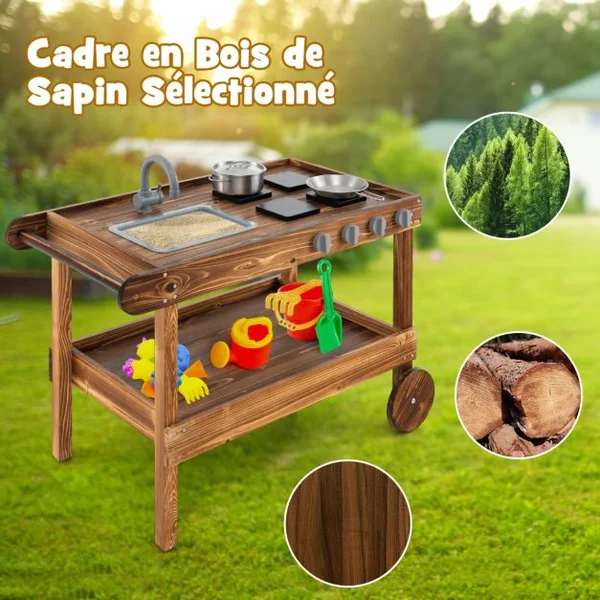 Cuisine Mobile en Bois de Sapin 2 Roues et 1 Poignée de Poussée Robinet Rotatif et Evier Amovible Cuisinière pour + 3 Ans Naturel