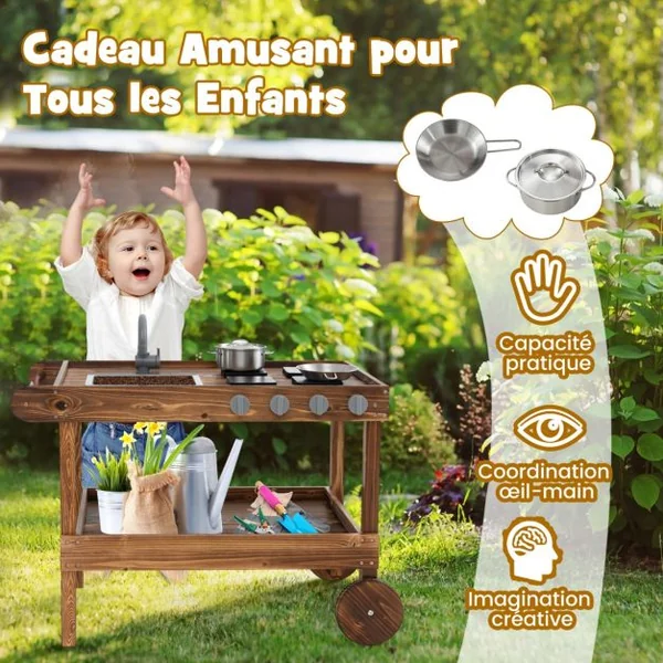 Cuisine Mobile en Bois de Sapin 2 Roues et 1 Poignée de Poussée Robinet Rotatif et Evier Amovible Cuisinière pour + 3 Ans Naturel