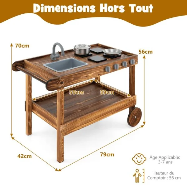 Cuisine Mobile en Bois de Sapin 2 Roues et 1 Poignée de Poussée Robinet Rotatif et Evier Amovible Cuisinière pour + 3 Ans Naturel