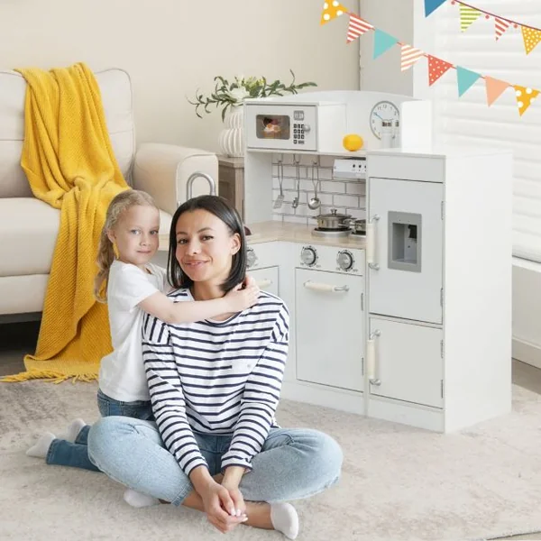 Cuisine pour Enfants d' Angle Réfrigérateur Cuisinière de Jeu en Bois avec Distributeur d'eau Evier Hotte Ustensiles