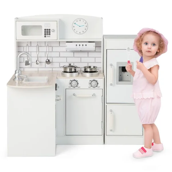 Cuisine pour Enfants d' Angle Réfrigérateur Cuisinière de Jeu en Bois avec Distributeur d'eau Evier Hotte Ustensiles